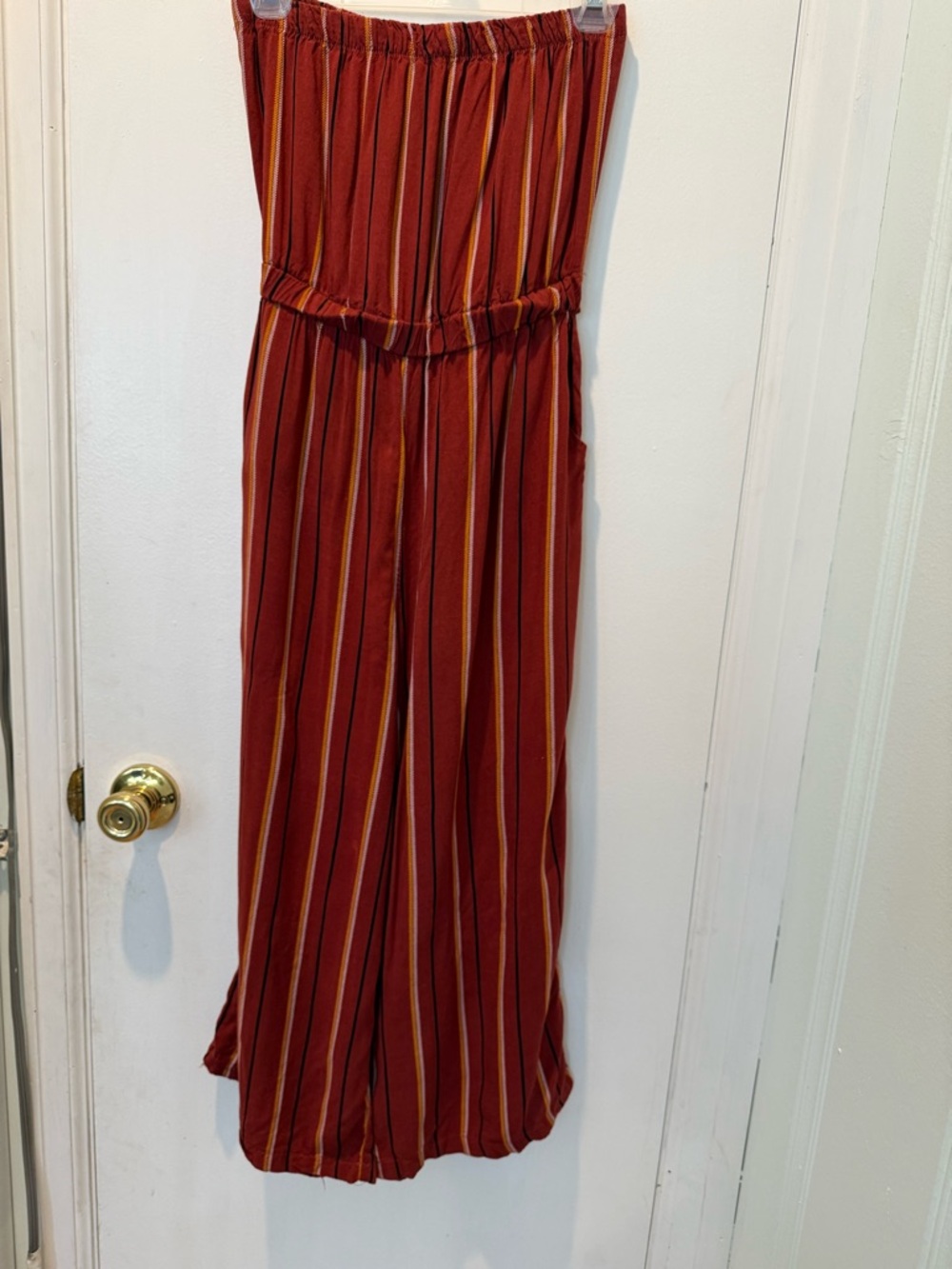 Women’s Rust colored Striped Strapless Wide-Leg Jumpsuit